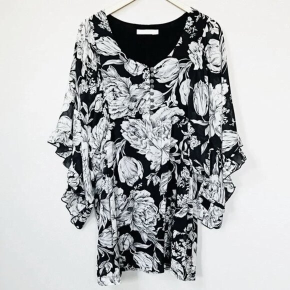 MINKPINK Women's Black Floral V Neck Flutter Kimono Ruffle Sleeves Mini Dress 10 - Picture 4 of 14